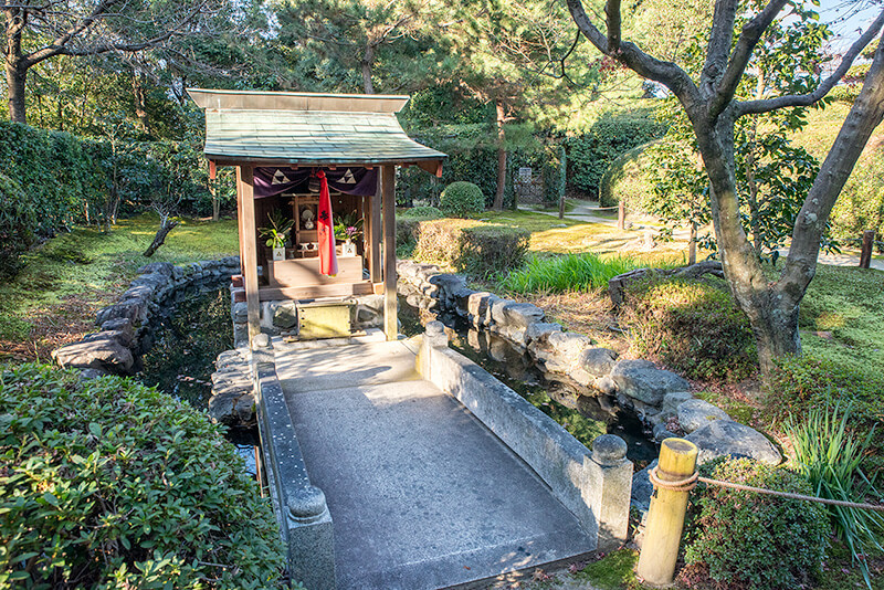 小さな池泉の中島に社