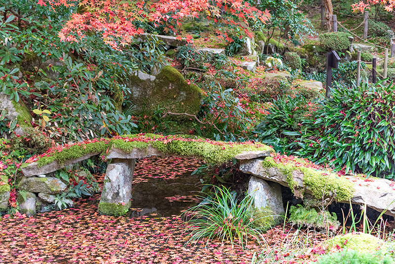 3石の自然石を連ねた橋（明寿院　南庭）