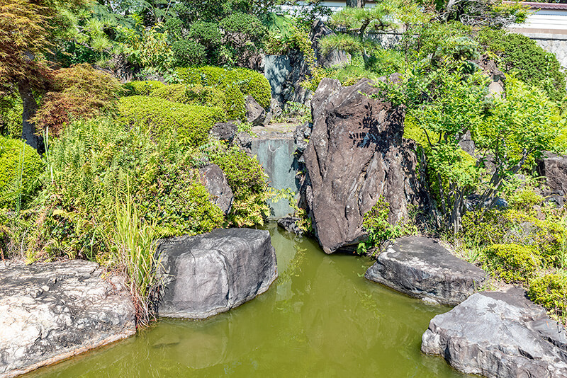 滝水が伝う水落石