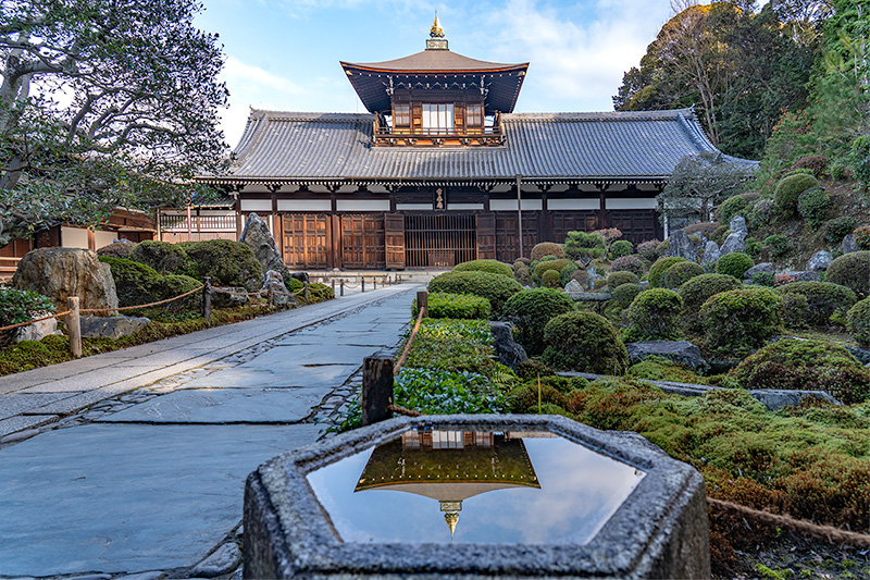 伝衣閣が六角手水鉢に映されている