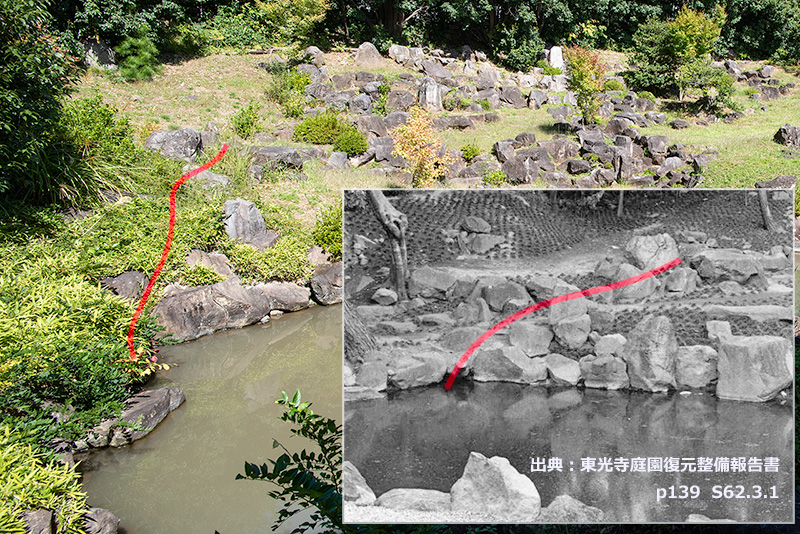 築山最西部の枯滝石組